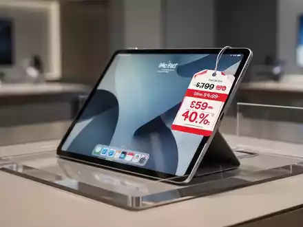 Ein schlankes Tablet mit einem Preisschild, das einen Rabatt von 400 Euro anzeigt, auf einer eleganten Oberfläche. - Foto: über boerse-global.de