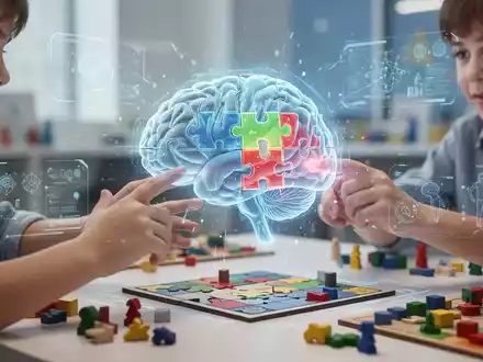 Ein Kind spielt ein digitales Gedächtnisspiel auf einer Tablet-ähnlichen Oberfläche, umgeben von traditionellen Brettspielkomponenten. - Foto: über boerse-global.de