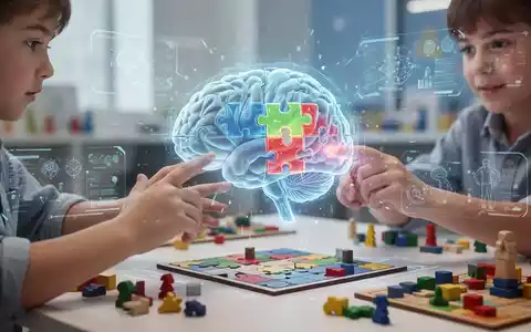 Ein Kind spielt ein digitales Gedächtnisspiel auf einer Tablet-ähnlichen Oberfläche, umgeben von traditionellen Brettspielkomponenten. - Foto: über boerse-global.de
