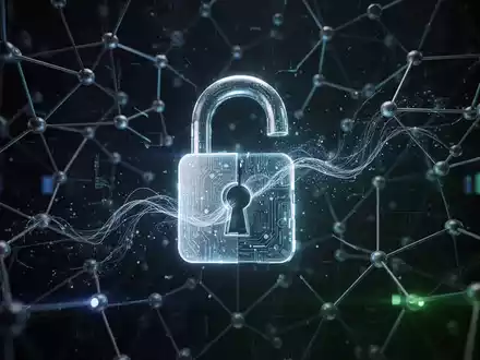 Leuchtendes digitales Vorhängeschloss über komplexem Knotennetzwerk, symbolisiert KI-Zugriffskontrolle und Datenfluss. - Foto: über boerse-global.de