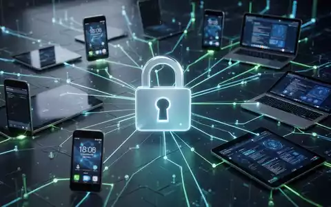 Ein stilisiertes digitales Vorhängeschloss über einem Netzwerk aus leuchtenden Linien, die mobile Geräte verbinden, in einer futuristischen Umgebung. - Foto: über boerse-global.de