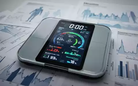 Eine digitale Waage zeigt detaillierte Körperwerte wie Körperfettanteil und Muskelmasse, umgeben von medizinischen Diagrammen. - Foto: über boerse-global.de