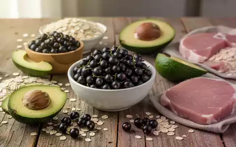 Eine Nahaufnahme einer gesunden Mahlzeit mit schwarzen Johannisbeeren, geschnittenen Avocados, Haferflocken und Proteinen auf einem Holztisch. - Foto: über boerse-global.de