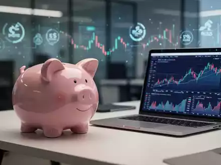 Ein stilisiertes Sparschwein neben einem Laptop mit Finanzdiagrammen auf einem modernen Schreibtisch, der Sparen und digitale Einkommen symbolisiert. - Foto: über boerse-global.de