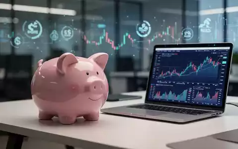 Ein stilisiertes Sparschwein neben einem Laptop mit Finanzdiagrammen auf einem modernen Schreibtisch, der Sparen und digitale Einkommen symbolisiert. - Foto: über boerse-global.de
