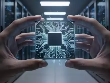 Nahaufnahme eines futuristischen KI-Chips mit leuchtenden Schaltkreisen, gehalten von zwei Händen in einem schwach beleuchteten Rechenzentrum. - Foto: über boerse-global.de