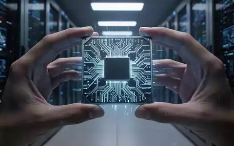 Nahaufnahme eines futuristischen KI-Chips mit leuchtenden Schaltkreisen, gehalten von zwei Händen in einem schwach beleuchteten Rechenzentrum. - Foto: über boerse-global.de