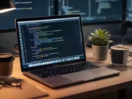 MacBook Pro auf einem Schreibtisch mit Code zu Containern, Kaffeetasse und Pflanze daneben. - Foto: über boerse-global.de