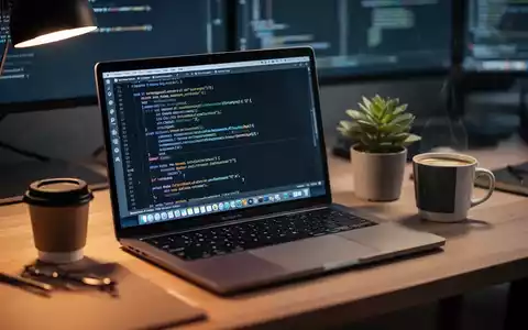 MacBook Pro auf einem Schreibtisch mit Code zu Containern, Kaffeetasse und Pflanze daneben. - Foto: über boerse-global.de