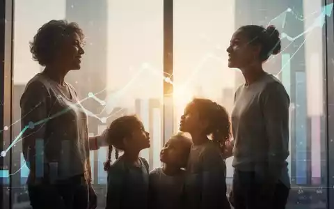 Eine Familie (Eltern, zwei Kinder) blickt hoffnungsvoll vor einem abstrakten Diagramm, das finanzielle Entlastung darstellt. - Foto: über boerse-global.de