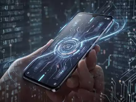 Moderne Smartphone mit futuristischem Interface, in einer Hand gehalten, Hintergrund aus digitalem Code und Schaltkreismustern. - Foto: über boerse-global.de