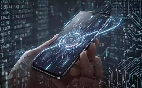 Moderne Smartphone mit futuristischem Interface, in einer Hand gehalten, Hintergrund aus digitalem Code und Schaltkreismustern. - Foto: über boerse-global.de