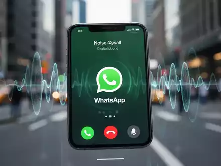 Ein Smartphone-Bildschirm zeigt eine WhatsApp-Anrufoberfläche mit stilisierten Wellen, die Geräuschunterdrückung symbolisieren. Im Hintergrund eine verschwommene Stadtansicht. - Foto: über boerse-global.de
