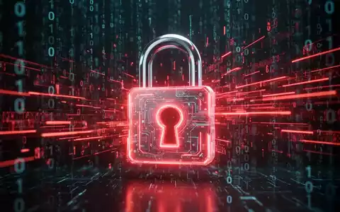 Ein abstraktes Bild, das digitale Sicherheit darstellt, mit einem leuchtenden Vorhängeschloss und fließenden Datenströmen. - Foto: über boerse-global.de
