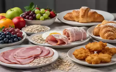 Eine Nahaufnahme verschiedener Frühstücksartikel, die gesunde und weniger gesunde Optionen wie Obst, Vollkornprodukte, verarbeitetes Fleisch und zuckerhaltige Produkte zeigt. - Foto: über boerse-global.de