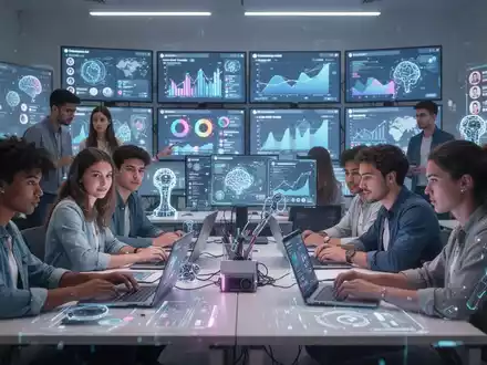 Studenten und Fachleute arbeiten in einem modernen Klassenzimmer zusammen, umgeben von digitalen Bildschirmen mit Daten und Social-Media-Inhalten. - Foto: über boerse-global.de