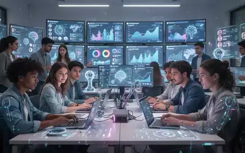 Studenten und Fachleute arbeiten in einem modernen Klassenzimmer zusammen, umgeben von digitalen Bildschirmen mit Daten und Social-Media-Inhalten. - Foto: ĂŒber boerse-global.de
