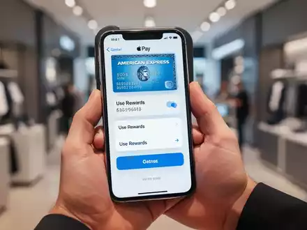 Eine Hand hält ein iPhone mit Apple Pay-Oberfläche, American Express-Karte und 'Prämien nutzen'-Option im Einzelhandel. - Foto: über boerse-global.de