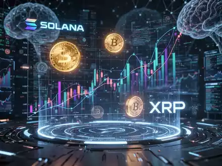 Futuristisches KI-Interface mit holografischen Kryptowährungskursen für Solana und XRP, leuchtende digitale Währungssymbole. - Foto: über boerse-global.de