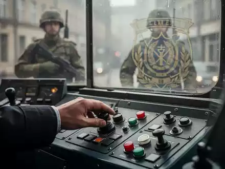 Eine Hand am Steuerpult einer Straßenbahn, im Fenster spiegelt sich schemenhaft ein militärisches Emblem, das zivile und militärische Pflichten verbindet. - Foto: über boerse-global.de