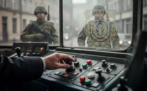 Eine Hand am Steuerpult einer Straßenbahn, im Fenster spiegelt sich schemenhaft ein militärisches Emblem, das zivile und militärische Pflichten verbindet. - Foto: über boerse-global.de