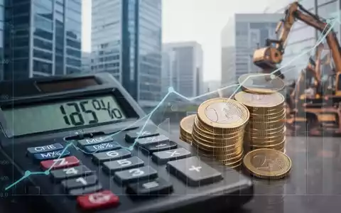 Ein Taschenrechner zeigt steigende Prozentzahlen, daneben Stapel von Euro-Münzen. Im Hintergrund verschwommene Büros und Maschinen. - Foto: über boerse-global.de