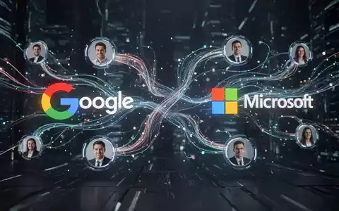 Digitale Illustration zeigt Datenfluss zwischen abstrakten Google- und Microsoft-Logos, symbolisiert Kontointegration und Synchronisation. - Foto: über boerse-global.de