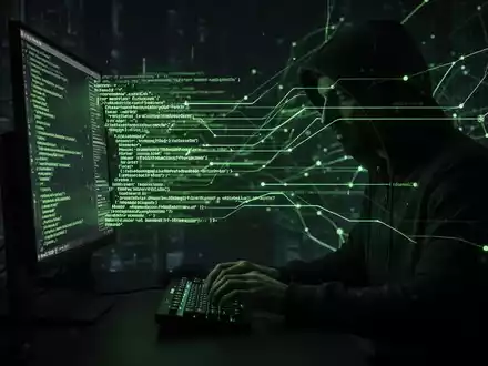 Eine schattenhafte Hacker-Figur tippt auf einer Tastatur, von der grüne Codezeilen ausgehen und ein bedrohliches Netzwerk bilden. - Foto: über boerse-global.de