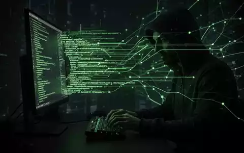 Eine schattenhafte Hacker-Figur tippt auf einer Tastatur, von der grüne Codezeilen ausgehen und ein bedrohliches Netzwerk bilden. - Foto: über boerse-global.de