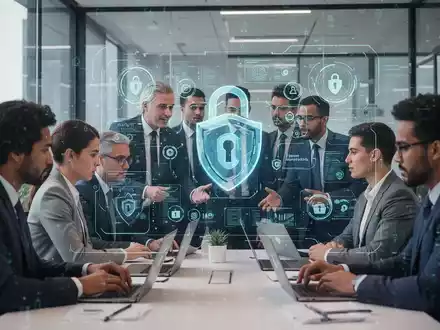 Geschäftsleute in einem modernen Büro, die an einer Cybersicherheitsschulung teilnehmen, mit Bildschirmen, die Sicherheitsdaten anzeigen. - Foto: über boerse-global.de