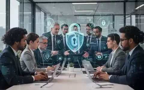 Geschäftsleute in einem modernen Büro, die an einer Cybersicherheitsschulung teilnehmen, mit Bildschirmen, die Sicherheitsdaten anzeigen. - Foto: über boerse-global.de