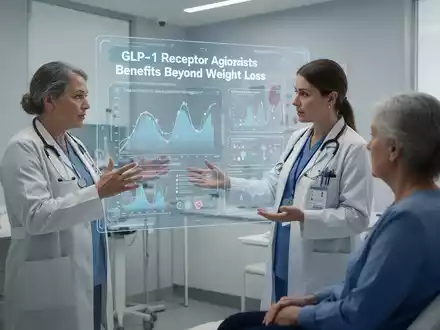 Eine Ärztin erklärt einem Patienten Daten auf einem transparenten Bildschirm, der GLP-1-Rezeptor-Agonisten zeigt. - Foto: über boerse-global.de