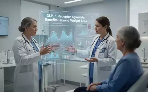 Eine Ärztin erklärt einem Patienten Daten auf einem transparenten Bildschirm, der GLP-1-Rezeptor-Agonisten zeigt. - Foto: über boerse-global.de