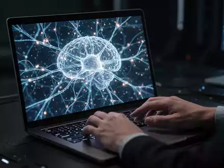Laptop-Bildschirm mit abstrakten KI-Visuals, Hände interagieren dezent mit Tastatur in dunkler Hightech-Umgebung. - Foto: über boerse-global.de