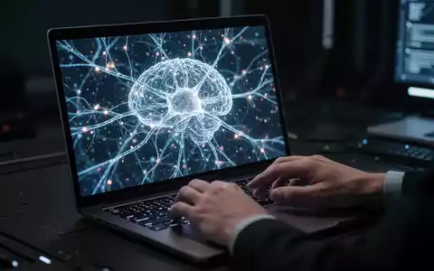 Laptop-Bildschirm mit abstrakten KI-Visuals, Hände interagieren dezent mit Tastatur in dunkler Hightech-Umgebung. - Foto: über boerse-global.de