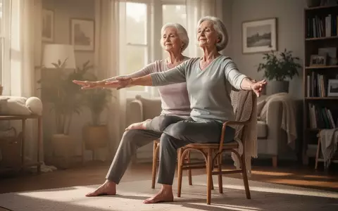 Eine ältere Frau macht Stuhl-Yoga, sanfte Bewegung und Flexibilität in einem hellen, gemütlichen Zuhause. - Foto: über boerse-global.de