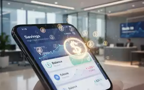 Smartphone mit Finanz-App, Sparguthaben und digitalen Währungssymbolen in moderner Bankumgebung. - Foto: über boerse-global.de
