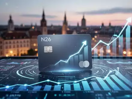 Moderne digitale Bankkarte auf futuristischem Finanzdaten-Display mit Aufwärtstrends, vor verschwommener europäischer Stadtsilhouette. - Foto: über boerse-global.de