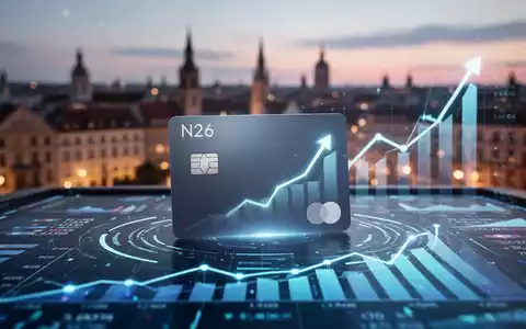 Moderne digitale Bankkarte auf futuristischem Finanzdaten-Display mit Aufwärtstrends, vor verschwommener europäischer Stadtsilhouette. - Foto: über boerse-global.de