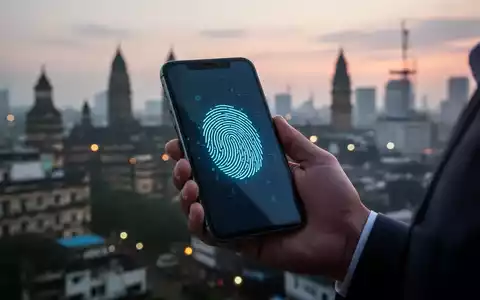 Eine Hand hält ein Smartphone mit Fingerabdruckscan auf dem Bildschirm, vor verschwommener Stadtsilhouette in der Abenddämmerung. - Foto: über boerse-global.de