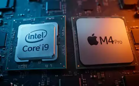 Zwei Computerprozessoren, Intel Core i9 und Apple M4 Pro, nebeneinander mit kontrastierender Beleuchtung. - Foto: über boerse-global.de