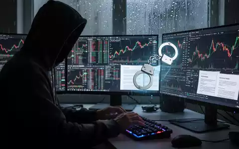 Person in Kapuzenjacke tippt auf Tastatur, umgeben von Bildschirmen mit Krypto-Charts und Rechtsdokumenten, digitales Handschellen-Symbol. - Foto: über boerse-global.de