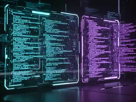 Futuristische digitale Benutzeroberfläche mit abstraktem KI-Code und Datenströmen in Blau- und Lilatönen. - Foto: über boerse-global.de