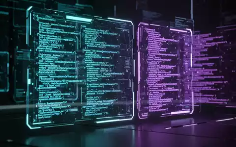 Futuristische digitale Benutzeroberfläche mit abstraktem KI-Code und Datenströmen in Blau- und Lilatönen. - Foto: über boerse-global.de