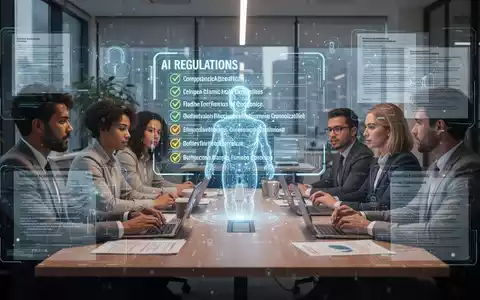 Ein Team in einem modernen Büro arbeitet an KI-Compliance, mit digitalen Überlagerungen von Rechtsdokumenten und Daten, die KI-Regulierung für KMU symbolisieren. - Foto: über boerse-global.de