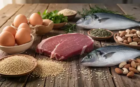 Eine Nahaufnahme von verschiedenen proteinreichen Lebensmitteln wie Eiern, Fisch, Fleisch und pflanzlichen Alternativen auf einem Holztisch. - Foto: über boerse-global.de
