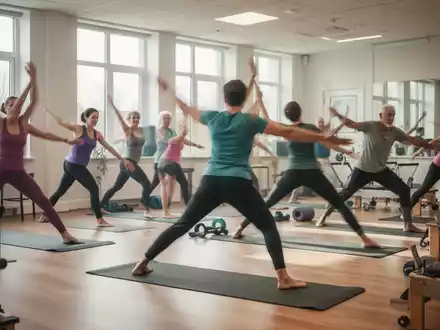 Eine Gruppe Erwachsener nimmt an einem Fitnesskurs teil, macht Dehnübungen und Pilates in einem hellen Raum. - Foto: über boerse-global.de