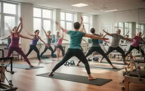 Eine Gruppe Erwachsener nimmt an einem Fitnesskurs teil, macht Dehnübungen und Pilates in einem hellen Raum. - Foto: über boerse-global.de