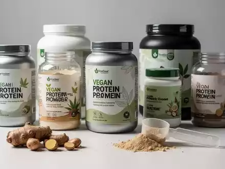 Eine Auswahl an veganen Proteinpulvern und Nahrungsergänzungsmitteln in modernen Verpackungen, arrangiert auf einer hellen Oberfläche. - Foto: über boerse-global.de