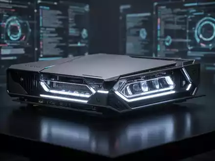 Nahaufnahme einer futuristischen Spielkonsole oder High-End-PC-Komponente mit leuchtenden Innenlichtern auf einer dunklen, reflektierenden Oberfläche. - Foto: über boerse-global.de